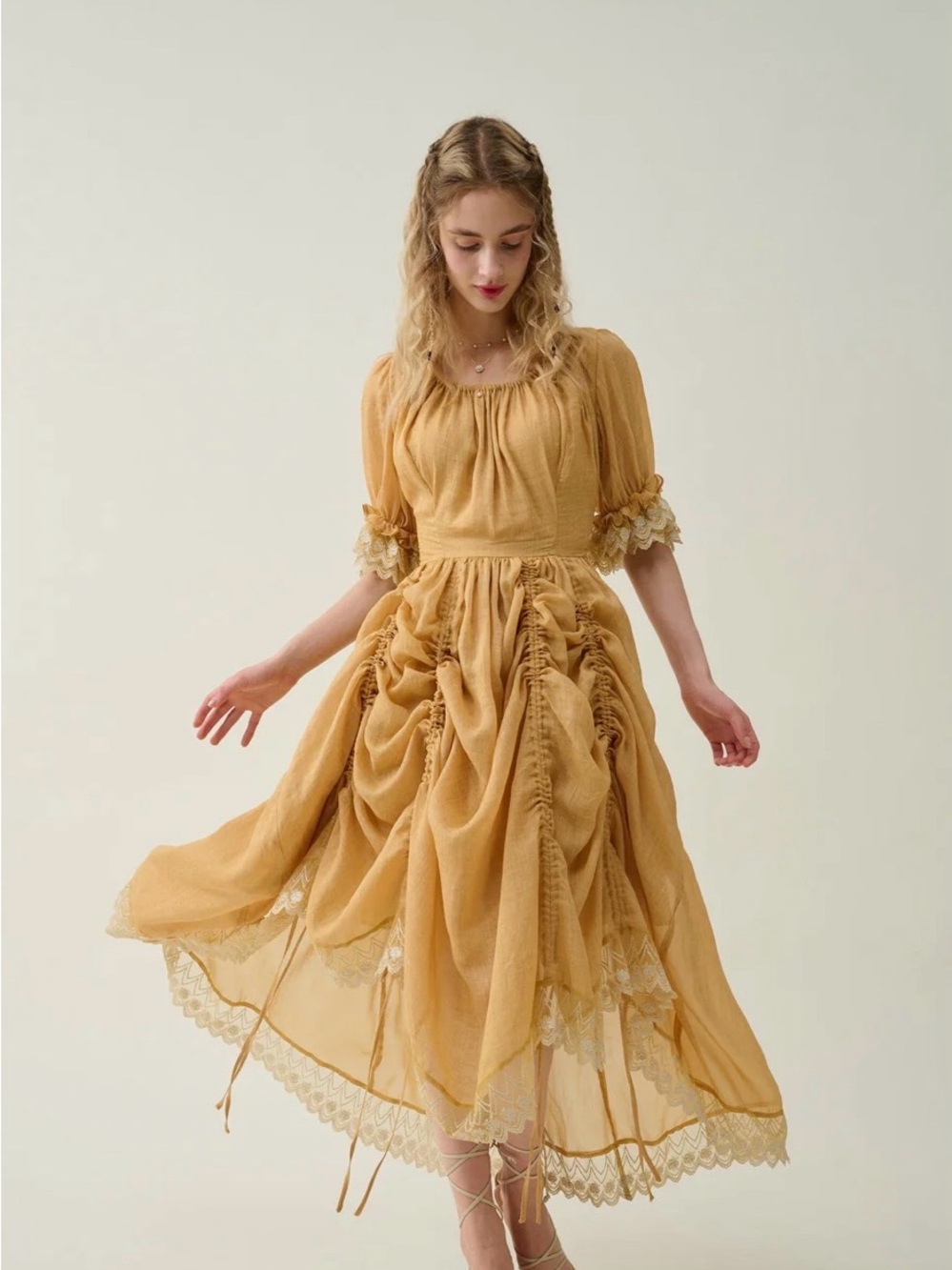 Mustard Yellow Lace Linen Dress - Picture 8 of 8